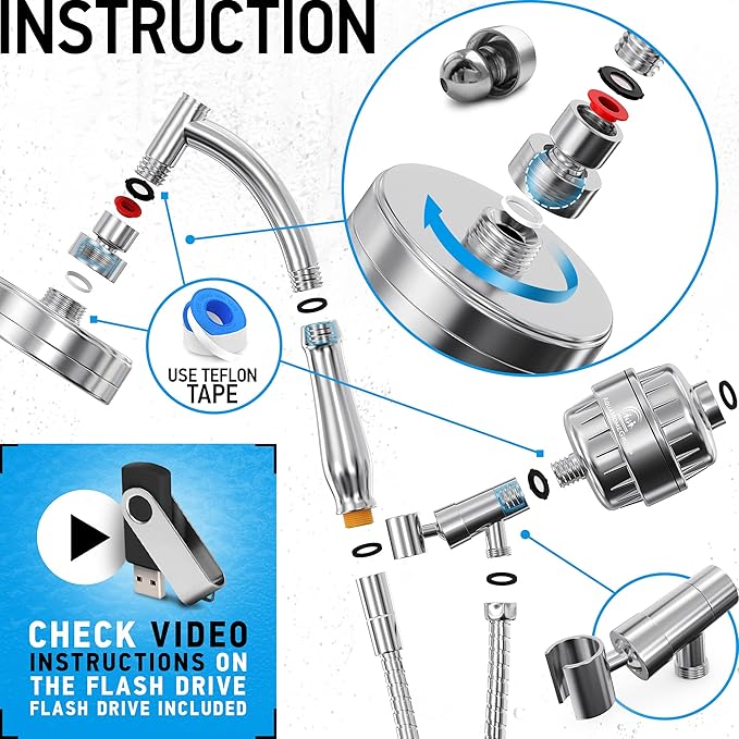 Handheld Shower Head With Filter - 15+2 Stage Filtration for Imporved Water - Vitamin C and E Infused With SPA Effect - High Pressure Head With Hose
