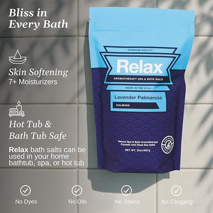Relax Spa & Bath Aromatherapy Bath Salts for Hot Tub, Bath, or Spa, 2LB Bag Infused with Magnesium, Bath Salt for Soaking, Lavender Palmarosa Scent