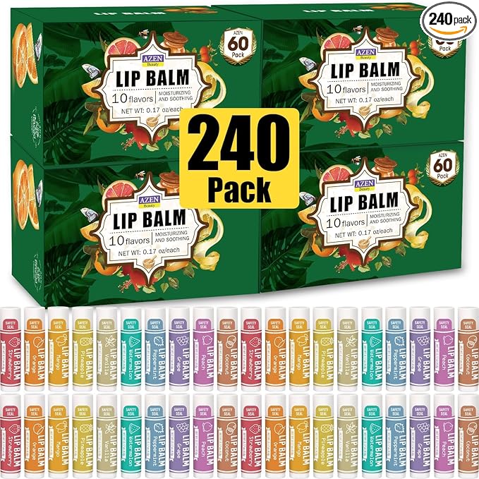 AZEN 240 Pack Lip Balm, Natural Lip Balm Bulk, Lip Care Product, Moisturizing Lip Balms for dry cracked lips, Mothers Day Gifts Easter Basket Stuffers - 10 Flavors