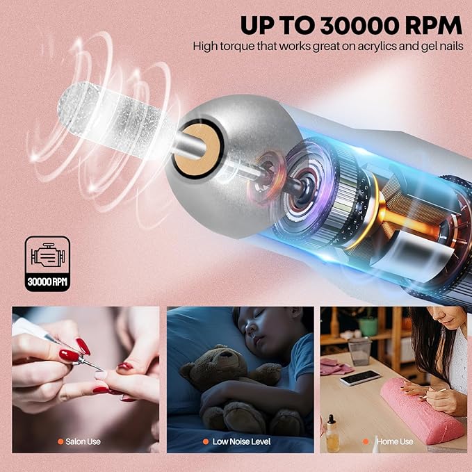 Droyek Electric Nail Drill Portable Nail Drill Professional 30000 RPM 13 Salon Quality Drill bits 50 Sanding Bands Portable & Low Noise for Acrylic Nails Gel Polishing Removing Bits Kit for Home Use