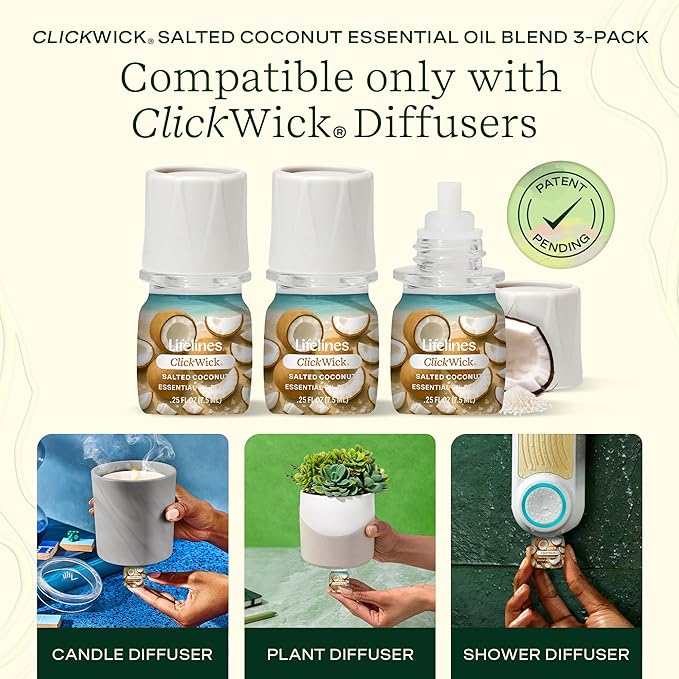 Lifelines ClickWick Essential Oil Blends for Lifelines Diffusers, 3-Pack Salted Coconut Set – Essential Oil Blend Refill for Candle, Plant & Shower Aromatherapy Diffuser – Fragrance for Diffusers