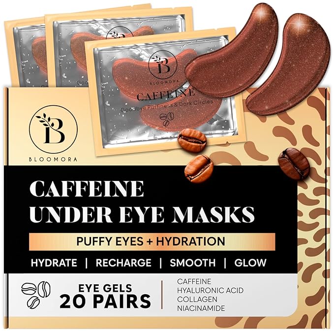 BLOOMORA Caffeine Under Eye Patches (20 Pairs) - Dark Circles & Puffiness Care - Hydrating Caffeine Eye Mask