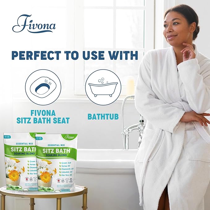 Fivona All Natural Sitz Bath Soaking Blend - Epsom Salt with Pure Essentials Oils - for Hemorrhoid, Fissure, Postpartum Care, Bartholin Cyst Treatment - Essential Mix - 2 Pack (14.1 oz Each)
