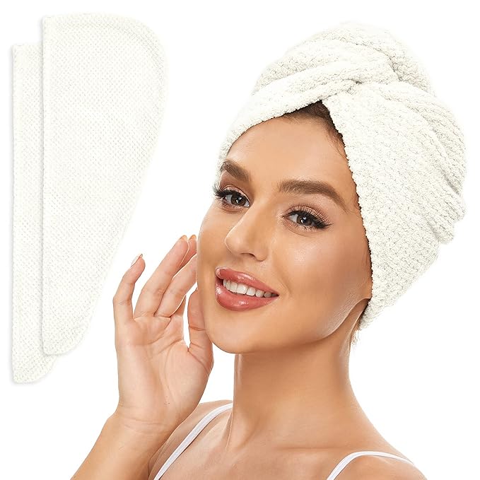 SimpleField 2 Pack Microfiber Hair Towel Wrap for Women, Anti Frizz Quick Drying Hair Turban for All Hair Style, Absorbent and Lightweight (Ivory)