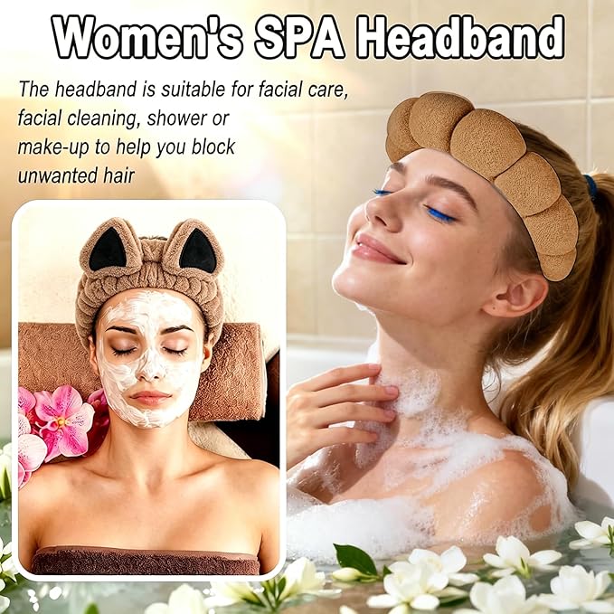 Zkptops 6Pcs Spa Headband for Washing Face Wristband Set Sponge Makeup Skincare Terry Cloth Headband Bubble Soft Cat Ears Hairband Women Puffy Padded Headwear Non Slip Hair Accessory(Khaki)