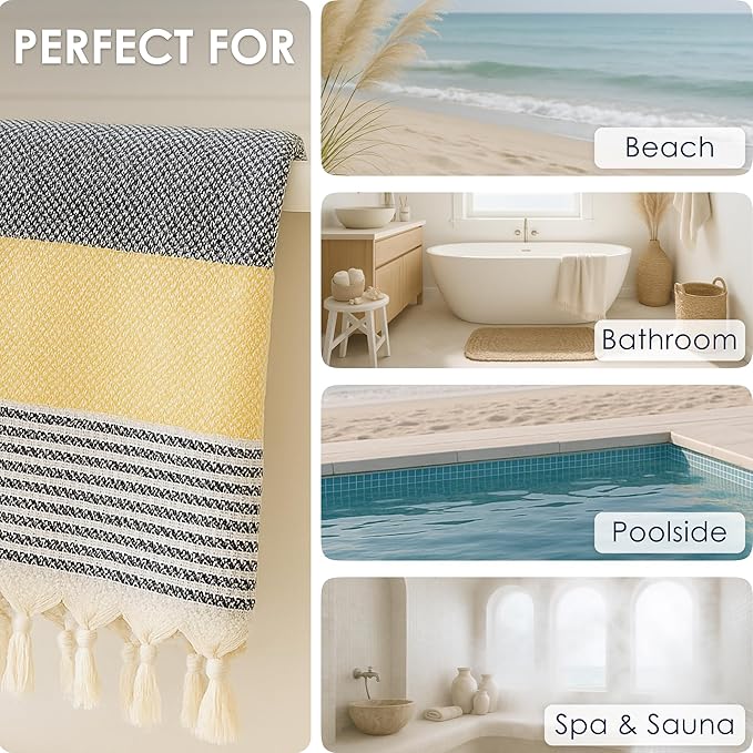 ATANI Turkish Beach Towel (71x39 Inches), Converts to a Bag, Oversized 100% Cotton Bath Towels Lightweight Quick-Dry Beach Blanket for Travel, Picnic, Camping, Yoga and Pool (Black x Yellow)