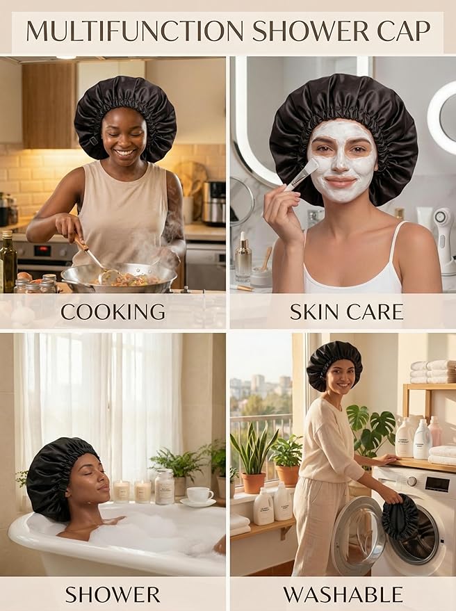 Aquior Shower Cap for Women, Extra Adjustable Shower Caps for Women Double-Layer Waterproof Reusable Hair Cap, Large Size Hair Cap for All Hair,for Girls Spa Bath,Soft and Comfortable (Back)
