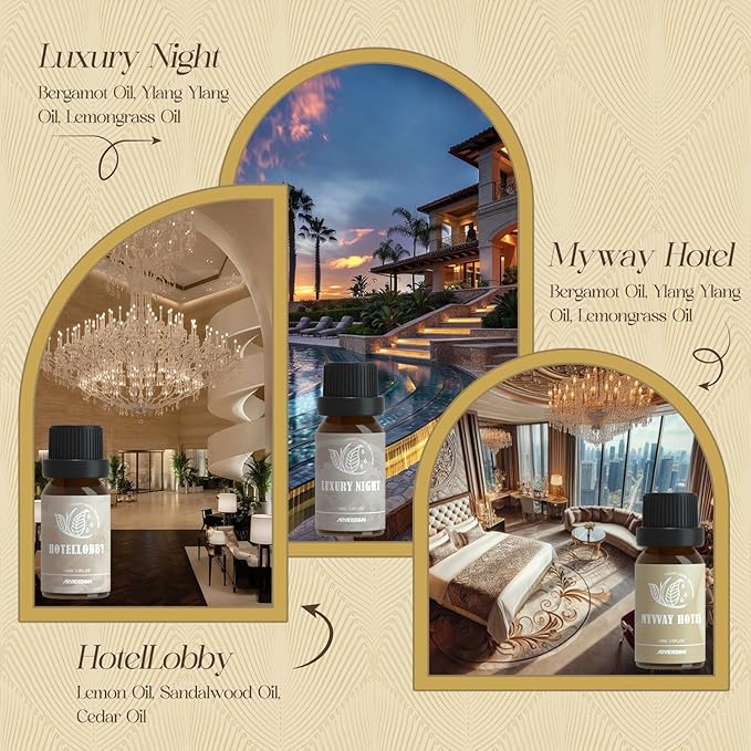 ARVIDSSON Hotel Diffuser Oils Gift Set, Hotel Essential Oils for Diffuser, Luxury Hotel Fragrance Oil Blend - Jasmine & Mint, White Tea, Citrus Bliss, M-Way, Fancy Lobby, Gift for Women and Men