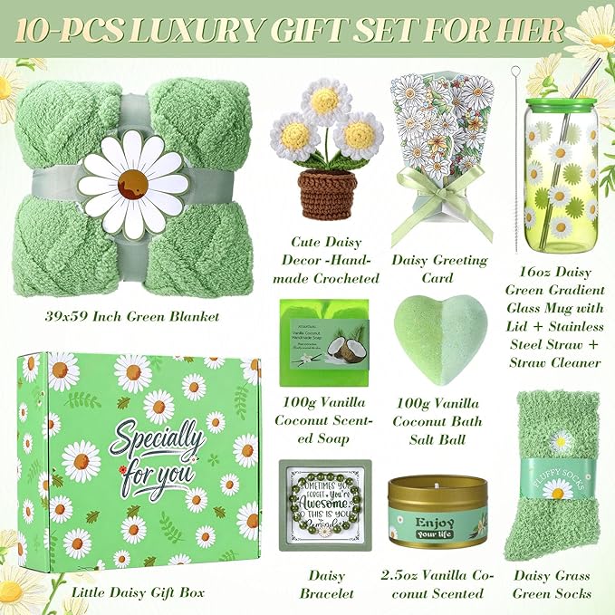 Mothers Day Gifts for Mom, Self Care Get Well Soon Gift Baskets for Women, Daisy Birthday Gift Box Spa Care Package Gift Set for Women,Wife,Grandma,Sister,Friend