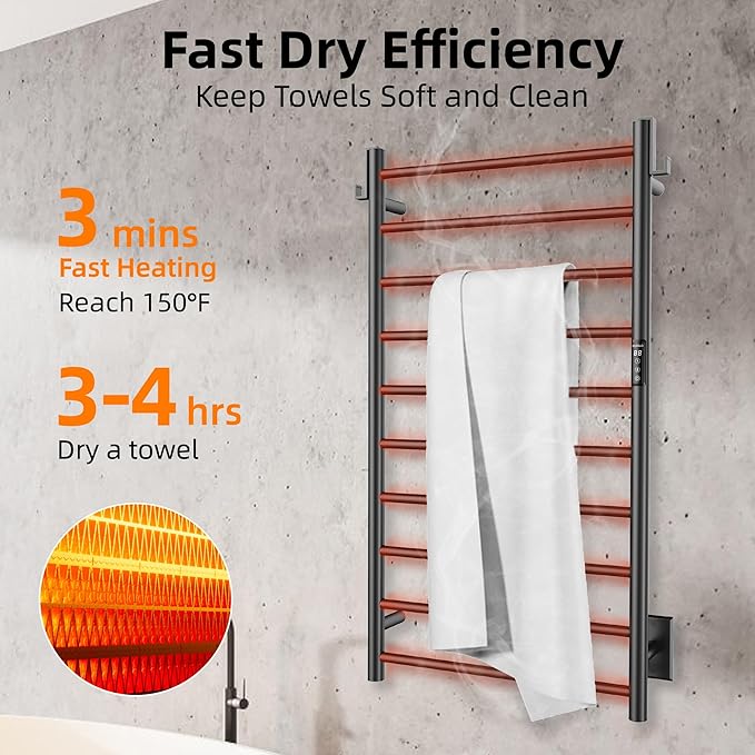 P&Dlusir Towel Warmer, Heated Towel Rack with Smart Timer and Thermo Control, Wall-Mounted Heated Towel Rail, Stainless Steel, Hard-Wired/Plug-in, Matte Black, 10 bar