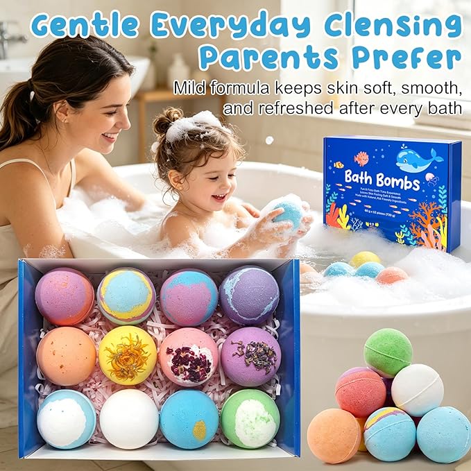 12 PCS Natural Bath Bombs with Toys Inside, Upgrade Fizzy Bubble Bath Gift Set with 12 Different Fragrances, Ocean Theme Bath Fizzies, Natural Sea Salt Color Changing Spa Easter Bath Balls
