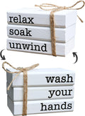 Farmhouse Mini Bookstack for Bathroom Decor Wooden Books for Restroom Shelf Decorative Accent for Guest Bathroom Sign, 2 Signs in 1 Reversible - Wash Your Hands/Relax Soak Unwind