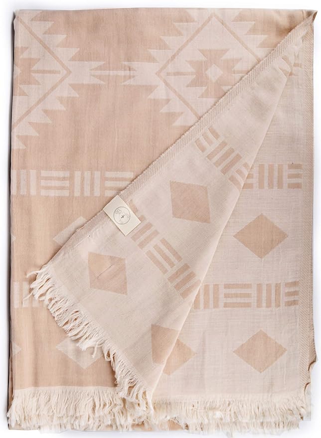 Bersuse 100% Cotton Belize XL Throw Blanket Turkish Towel Beach Blanket - Beach Camping Essentials - 75x90 Inches, Beige