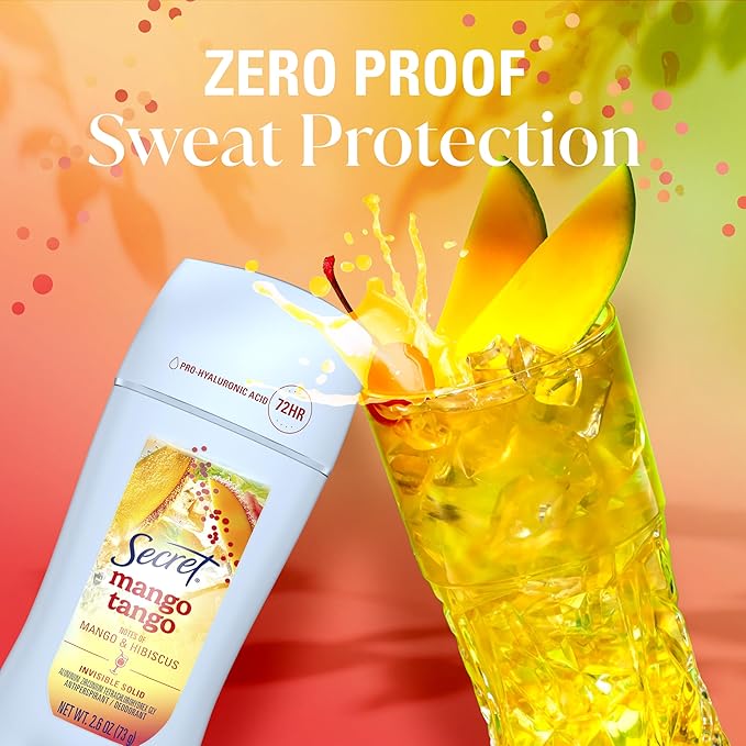 Secret Fresh Antiperspirant Deodorant for Women, 72hr Freshness on the Rocks with Pro-Hyaluronic Acid, Miami Mocktails Edition, Invisible Solid, Mango Tango with Mango & Hibiscus Scent, 2.6 oz