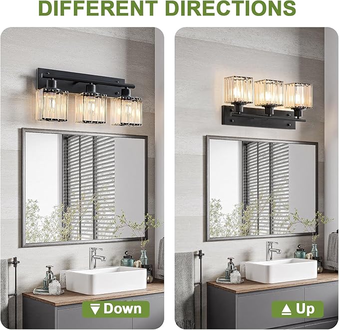 Bathroom Light, 3-Light Modern Crystal Vanity Light, Bathroom Lighting Fixtures Over Mirror Wall Sconces for Powder Room, Living Room, Bedroom, Hallway (Included 3 E26 Bulbs)