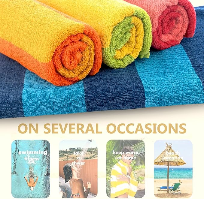 Casa Copenhagen Malibu Towel 4Pcs Orange,Blue,Pink,Green Designer Stripe Beach Towels Gift Set 30"x60" Oversized 100%Cotton Pool Bath Towel for Beach Gift Set (Perfect Summer Gift Set For Women & Men)