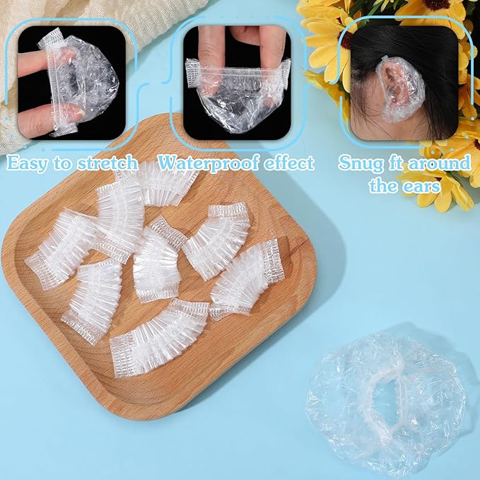 200PCS Disposable Ear Covers for Shower, Clear Waterproof Ear Covers for Bathing, Waterproof Plastic Ear-Protectors for Showering, Hair Dye, Spa, Salon and Beauty Treatments