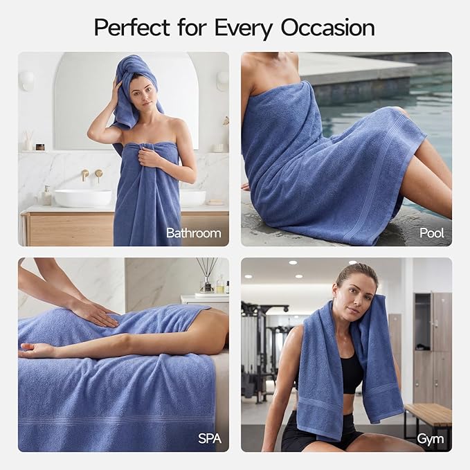 ecolook Bath Towels Set of 4,100% Cotton,27 x 55 Inches,Quick-Drying & Absorbent,Soft,Lightweight Towels for Bathroom,Shower,Spa, Gym & Hotel,Dark Blue