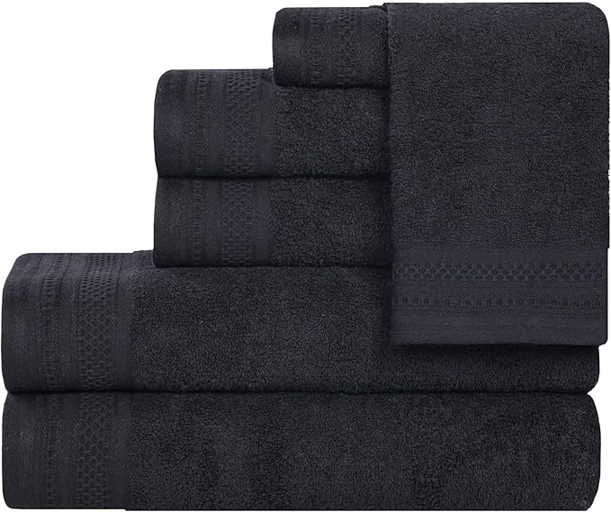 Superior Honeycomb Cotton Medium Weight Towels, for Guest Bath, Master Bathroom, Shower, Quick Dry, Adults, Home Essentials, Textured Waffle Border, Assorted Towel Set, 6 Piece Towel Set, Black