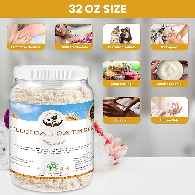 Dirty Treasures Colloidal Oatmeal Bath | Eczema & Itchy Skin Relief | Baby-Safe, 100% Natural, Fragrance-Free | 2 lb (32oz) (Pack of 2)