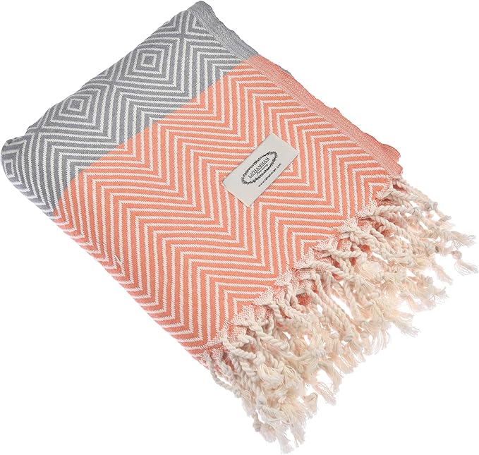 Beach Towel | Cotton Beach Towels, Easy to Carry, Sand Free, Highly Absorbent, Quick Dry, Turkish Towels for Travel Camping Bath Sauna Beach Gym Pool Yoga SPA by Lahammam, Design, Orange