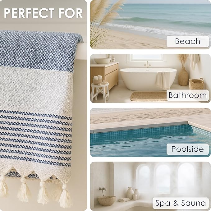 ATANI Turkish Beach Towel (71x39 Inches), Converts to a Bag, Oversized 100% Cotton Bath Towels Lightweight Quick-Dry Beach Blanket for Travel, Picnic, Camping, Yoga and Pool (Blue)