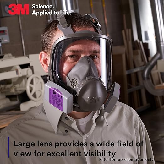 3M Full Facepiece Reusable Respirator 6900, NIOSH, Large Lens, ANSI High Impact Eye Protection, Silicone Face Seal, Four-Point Harness, Comfortable Fit, Painting, Dust, Chemicals, Large