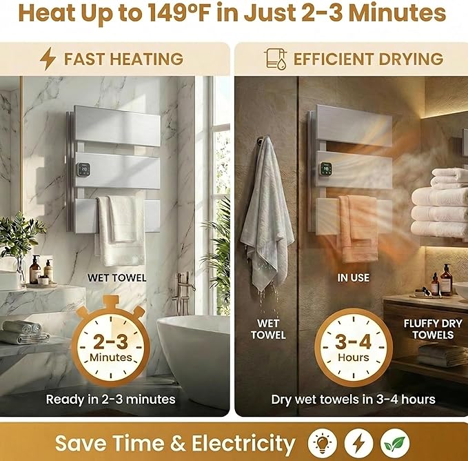 Electric Towel Warmer, Heated Towel Rack with Thermo Control and Timer, Fast Heating Towel Rail for Bathroom with Memroy Function, Work with Smart Plug, Left-Wiring, 3 Panel, Silver