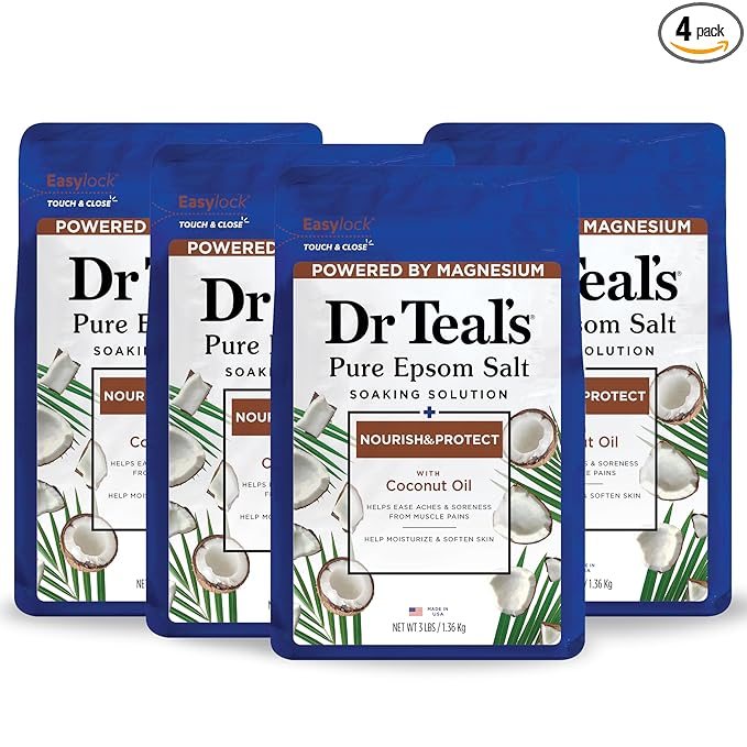 Dr Teal's Epsom Salt Magnesium Soak, Nourish & Protect with Coconut Oil, 3 lbs (Pack of 4)