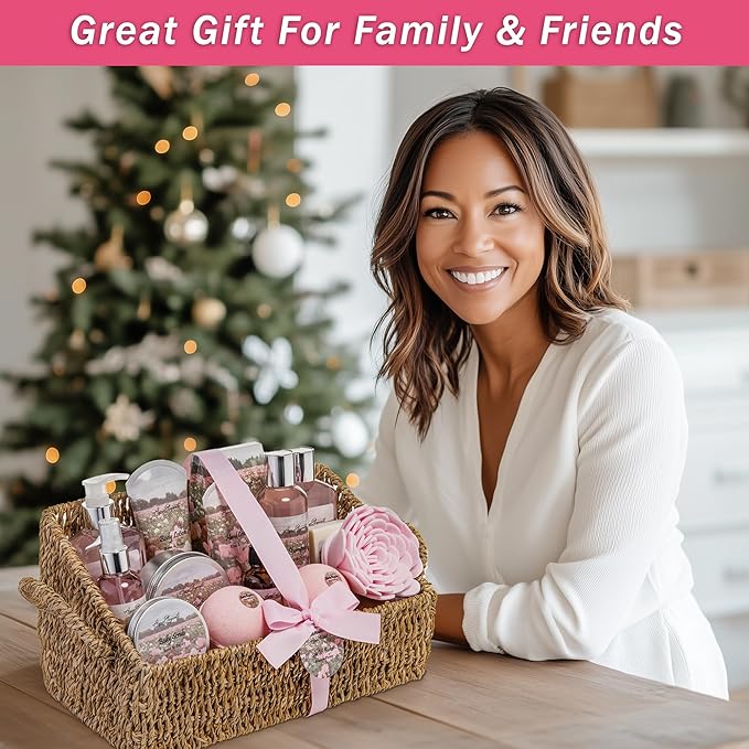Aqua Elegante Bath Spa Gift Set - 15 Piece Premium Basket with Wash, Bubble Bath, Lotion, Salts, Body Scrub, Towel, Shower Puff, Bathbombs, Reusable Basket, Gifts for Women - Rose Oil & Peony