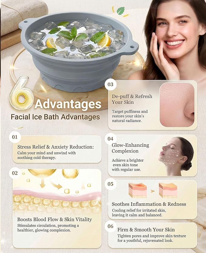 Face Ice Bath Bowl with Built-in Ice Tray, Foldable Silicone Face Bowl for Ice, Reusable Small Ice Facial Bowl for Puffiness Reduction, Skin Tightening, Acne Relief, Spa Tool for Home, Travel