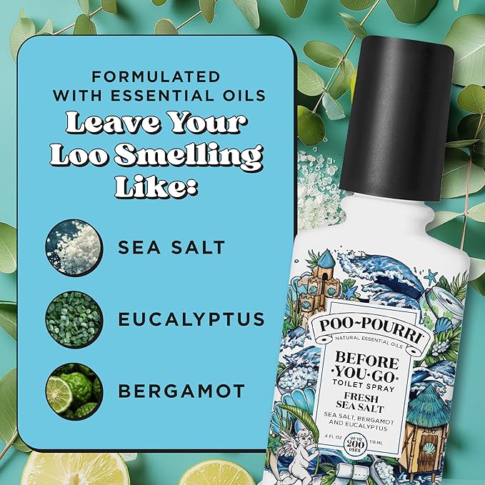 Poo-Pourri Before-You-Go Toilet Spray,Fresh Sea Salt,4 Fl Oz,Up to 200 Uses,Bathroom Odor Deodorizer,Plant-Based with Essential Oils,for Home or Work,Sea Salt,Bergamot & Eucalyptus Scent,(Pack of 2)