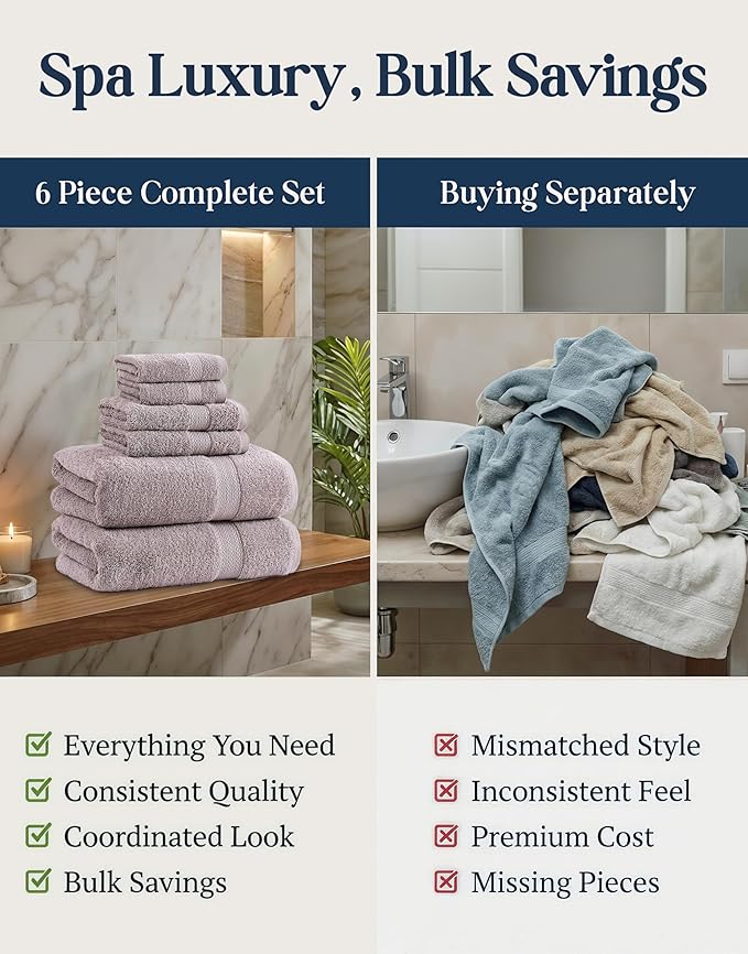 LANE LINEN 100% Ring Spun Cotton Bathroom Towel Set - 6 Piece - Soft, Quick Dry & Highly Absorbent - 2 Bath, 2 Wash cloths, 2 Hand Towels - Ideal for Guests & Perfect for Bathroom decor - Platinum
