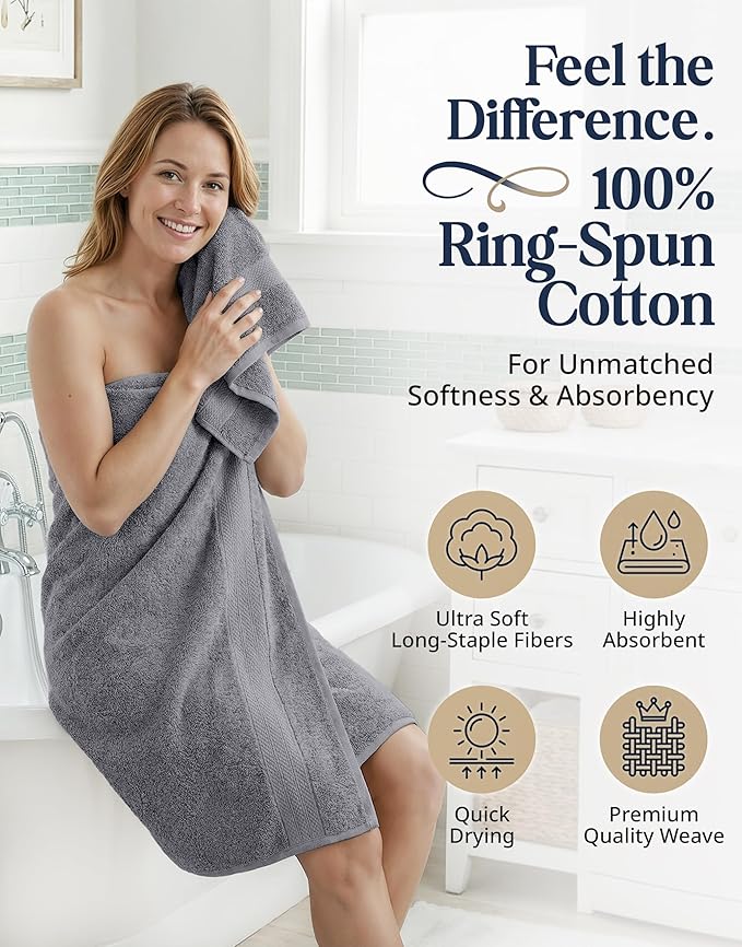 LANE LINEN 100% Cotton Towels Set for Bathroom - 6 Piece Family Pack - Soft, Absorbent & Quick Dry - 2 Bath, 2 Washcloths, 2 Hand Towels - OEKO TEX Certified, Machine Washable & Durable - Cool Grey