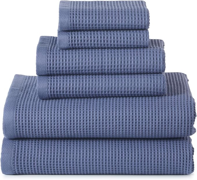 ecolook 6-Piece Towel Set, 100% Cotton, 31“x63” | 2 Bath Sheets, 2 Hand Towels, 2 Washcloths | Ultra-Soft, Absorbent, Quick-Dry Waffle-Weave Towels for Home, Hotel, Spa, Gym - Blue
