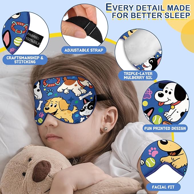 Kids Silk Sleep Mask: 100% Mulberry Silk Eye Mask with Adjustable Strap, Cute Sleeping Blindfold for Boys Girls Teens, Soft & Lightweight Eye Shade for Travel, Nap, Bedtime (Dogs Style)