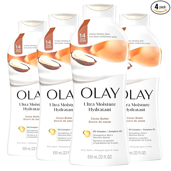 Olay Body Wash for Women, Ultra Moisture, 24hr Moisturizing, Hydrating & Refreshing, B3 Vitamin Complex, Free of Parabens & Phthalates, For All Skin Types, Cocoa Butter Scent, 22 fl oz (Pack of 4)