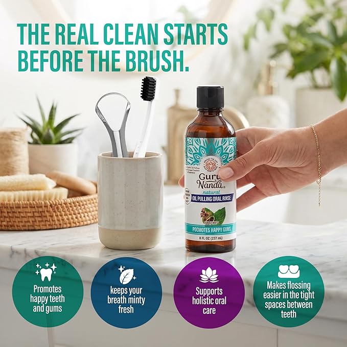 GuruNanda CocoMint Oil Pulling Mouthwash for Complete Oral Hygiene, 7 Essential Oils & Vitamins for Happy Teeth & Gums & Fresh Breath, with Toothbrush & Tongue Scraper, Alcohol-Free, 8 oz