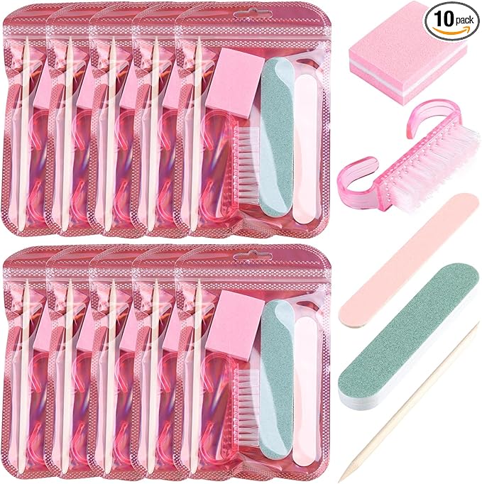 SUTOKAKA 10 Sets Disposable Manicure Prep Kit for Travel Home, Portable Basics 5 in 1 Nail Salon Pedicure Kit, Professional Nail Tool Supplies, Nail File, Mini Buffer, Wood Stick & Handle Grip Brush