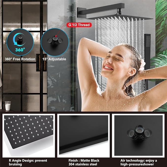 Midanya Shower System with Tub Spout,Bathtub Shower Faucet Set with Square Rainfall Head and Handheld Sprayer Wall Mount Tub Faucet Set with Valve and Trim Kit,10 Inch Matte Black