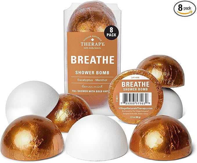 Village Naturals Therapy Breathe Shower Bomb Steamers, Soothing Scent, Eucalyptus and Menthol, 60 g, Pack of 8