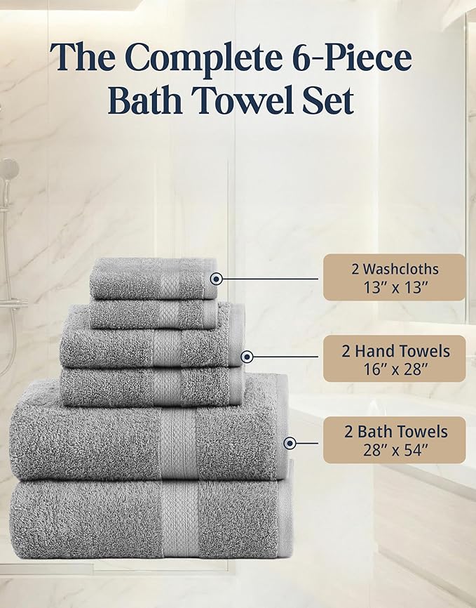 LANE LINEN 100% Cotton Turkish Towel Set for Bathroom - 6 Piece - Super Soft, Quick Dry & Highly Absorbent - 2 Bath, 2 Wash cloths, 2 Hand Towels - Hotel Quality, Durable & OEKO-TEX Certified - Grey