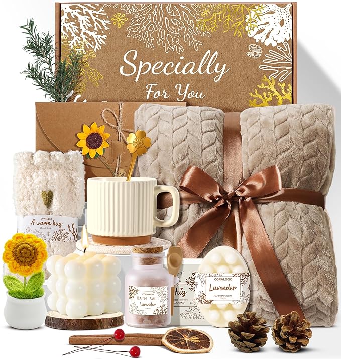 Coralogo Spa Gift Baskets for Women - Mothers Day Gift Basket, Get Well Soon, Self Care, Relaxing Sunflower Package, 11pcs Spa Sets with Blanket, Luxury Gifts for Her Birthday Anniversary Mothers Day