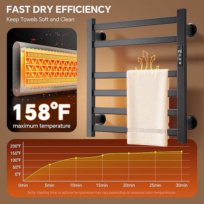 Electric Towel Warmer Wall Mounted, 6 Bar Heated Towel Rack with Intelligent Timer & Temp Control, Plug-in/Hardwire, Left and Right Compatible