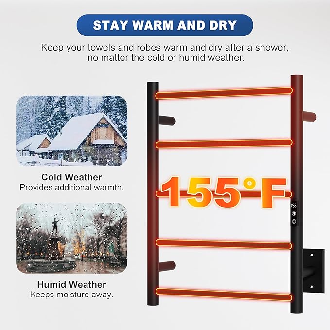 Heated Towel Racks, Towel Warmer Rack for Bathroom, Wall Mounted Electric Towel with Built-in 24hr Timer, Towel Rack Plug-in/Hardwired, Matte Black