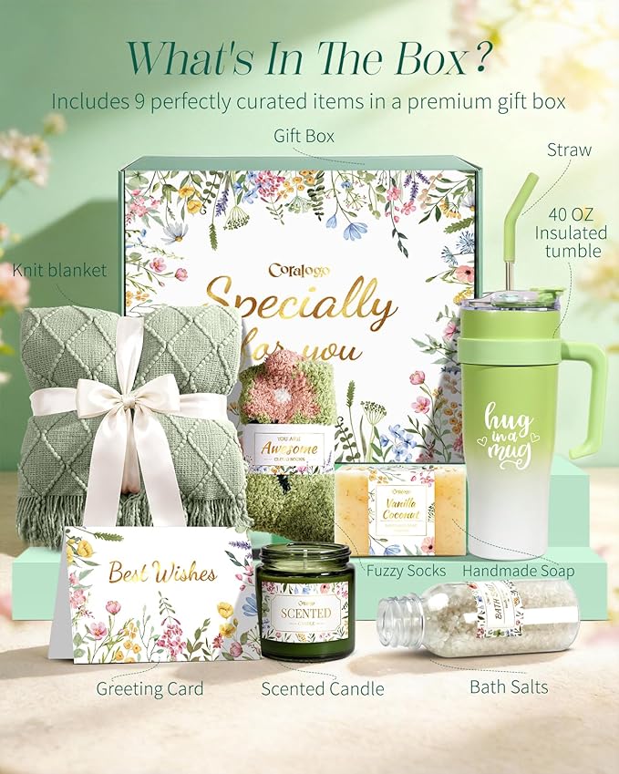 Coralogo Mothers Day Gift Basket for Women - Unique Spa Self Care Gifts for Women with Green Blanket, 40oz Tumbler, Spa Gift Baskets for Her Birthday, Get Well, Mothers Day, Thinking of You