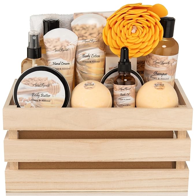 Aqua Elegante Full Spa Gift Set - 15 Piece Premium Bath Basket with Wash, Bubbles, Lotion, Salts, Body Scrub, Towel, Shower Puff, Bathbombs, Reusable Basket, Gifts for Women - Honey & Almond