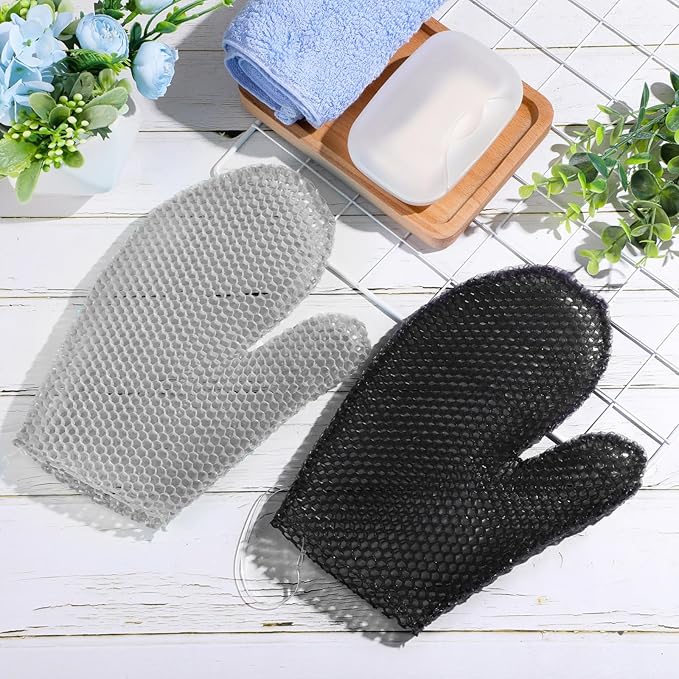 Karenhi 2 Pcs Honeycomb Exfoliating Glove Bath Mitt Body Spa Scrubber, Honeycomb Exfoliator Glove for Body Shower, Scrubber Sponge Shower Loofah, Quick Drying (Black,Grey)