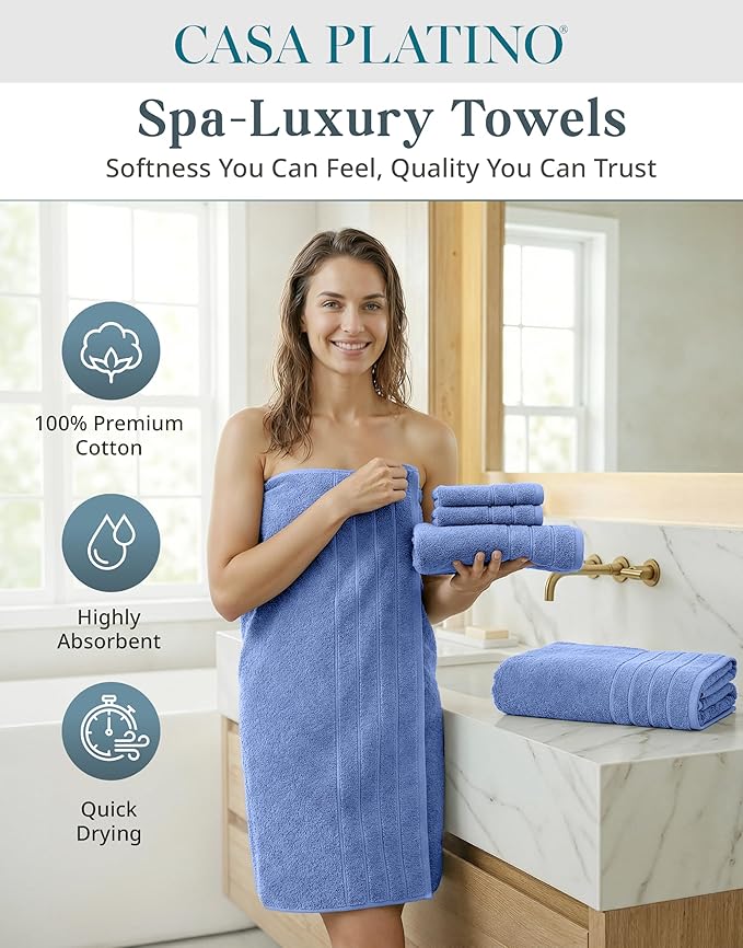 Casa Platino Cotton Bath Towel 18 Piece Set - Super Soft, Quick Dry & Absorbent - 6 Bath, 6 Washcloths, 6 Hand Towels for Bathroom - Hotel Quality & Suitable for Family - Cerulean Blue