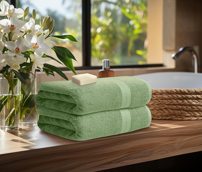 Avalon Towels Luxury 8 Piece Sage Green Towels Set, 2 Bath Towels, 2 Hand Towels and 4 Washcloths, 600 GSM 100% Ring Spun Cotton Highly Absorbent Green Bathroom Towels, Ideal for Hotel, Spa and Gym